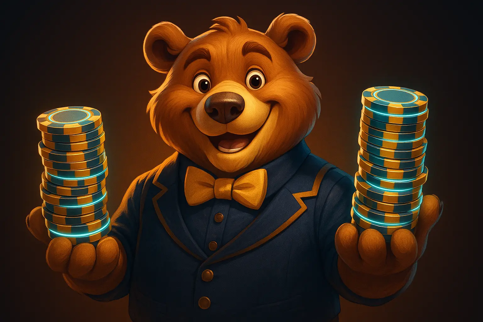 Smiling bear mascot in a suit and bow tie holding tall stacks of glowing casino chips in both hands.