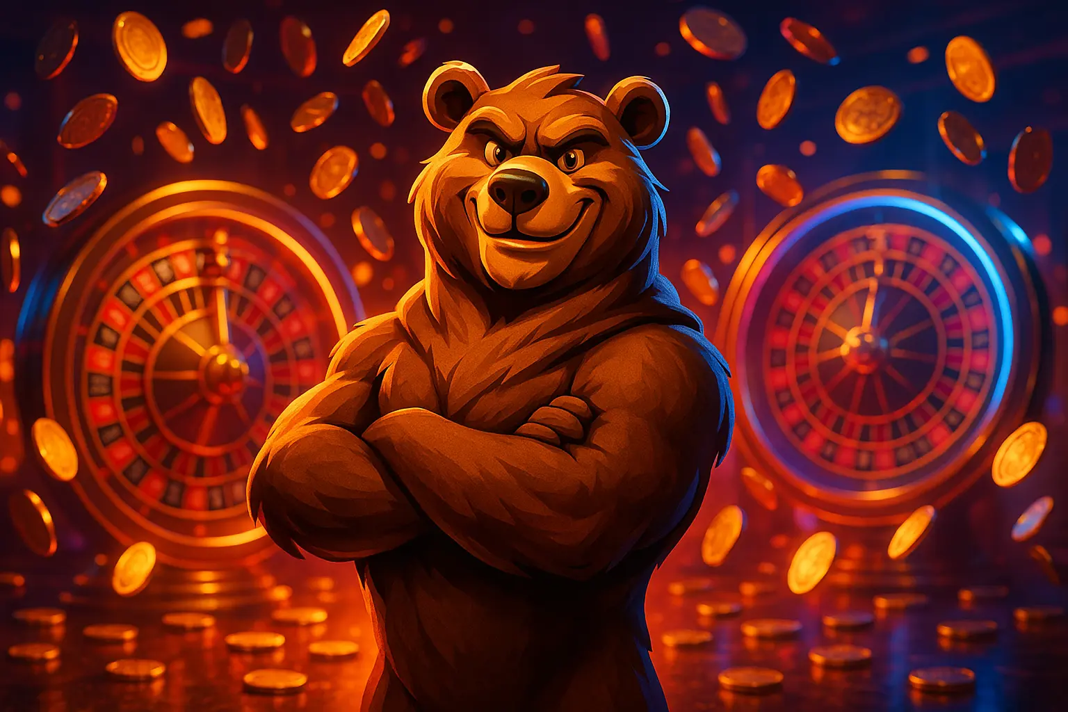 Confident bear mascot standing with crossed arms in front of glowing roulette wheels, surrounded by floating gold coins in a vibrant casino-themed scene.